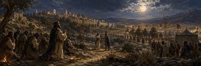 Judas and his soldiers pray before a night advance as later envoys establish peace outside Jerusalem
